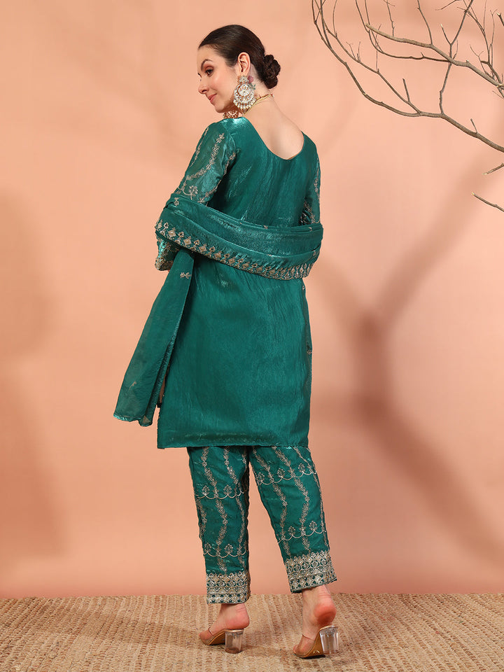 Teal Zari Beads & Sequin Embellished Jacket Kurta Pant Set with Embroidery Dupatta