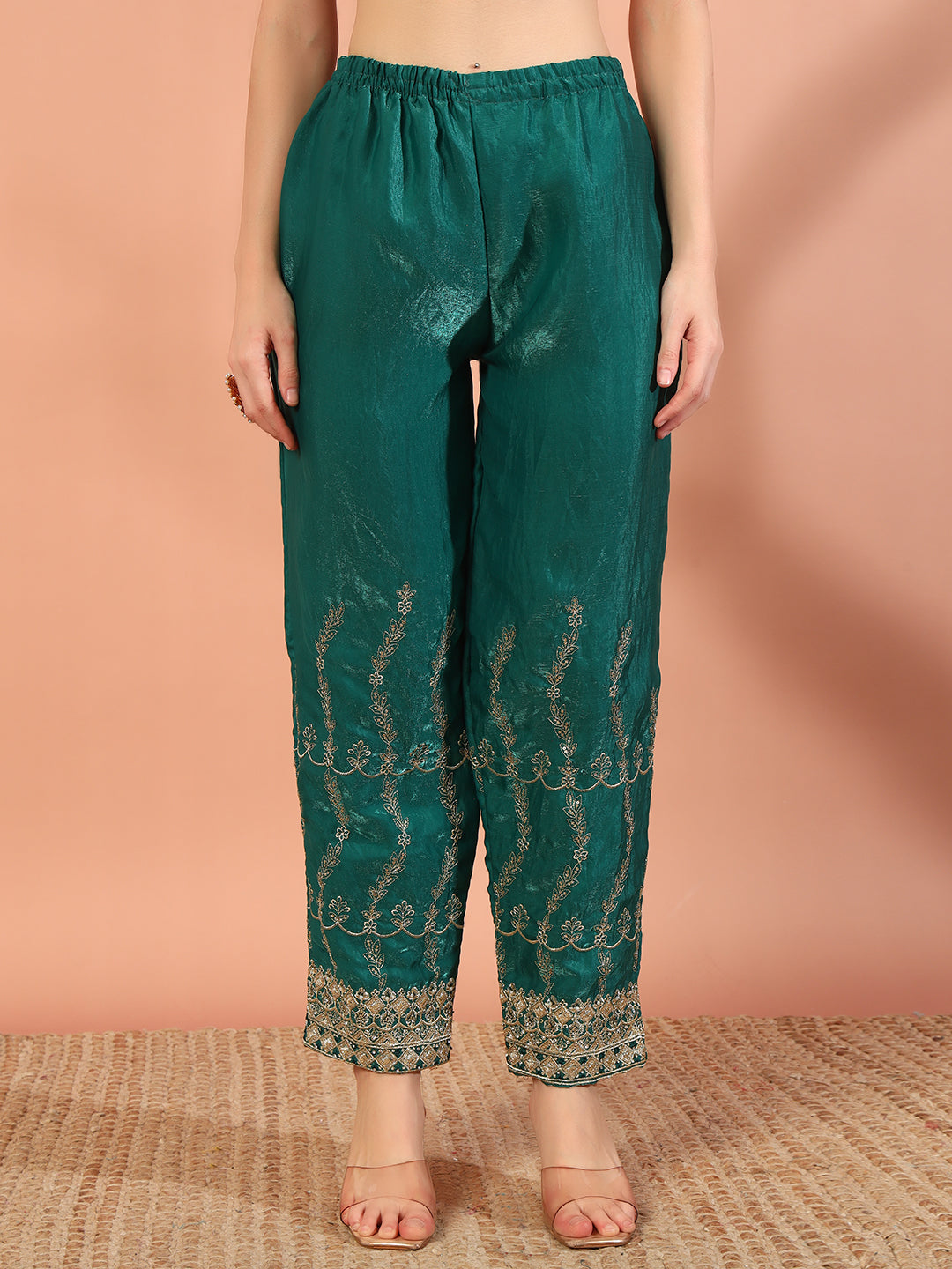 Teal Zari Beads & Sequin Embellished Jacket Kurta Pant Set with Embroidery Dupatta