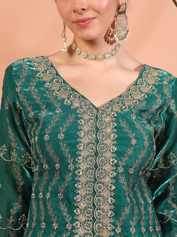 Teal Zari Beads & Sequin Embellished Jacket Kurta Pant Set with Embroidery Dupatta