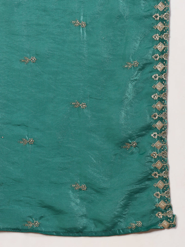Teal Zari Beads & Sequin Embellished Jacket Kurta Pant Set with Embroidery Dupatta