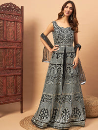 Chhabra 555 Long Front Slit Choli With Mirror Zari Embroidery, Pleated Lehenga & Net Dupatta