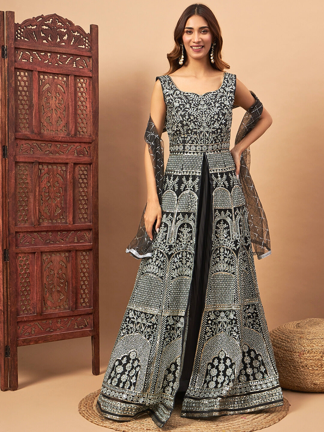 Long Front Slit Choli With Mirror Zari Embroidery, Pleated Lehenga & Net Dupatta