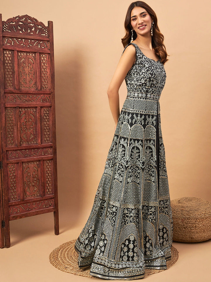 Long Front Slit Choli With Mirror Zari Embroidery, Pleated Lehenga & Net Dupatta