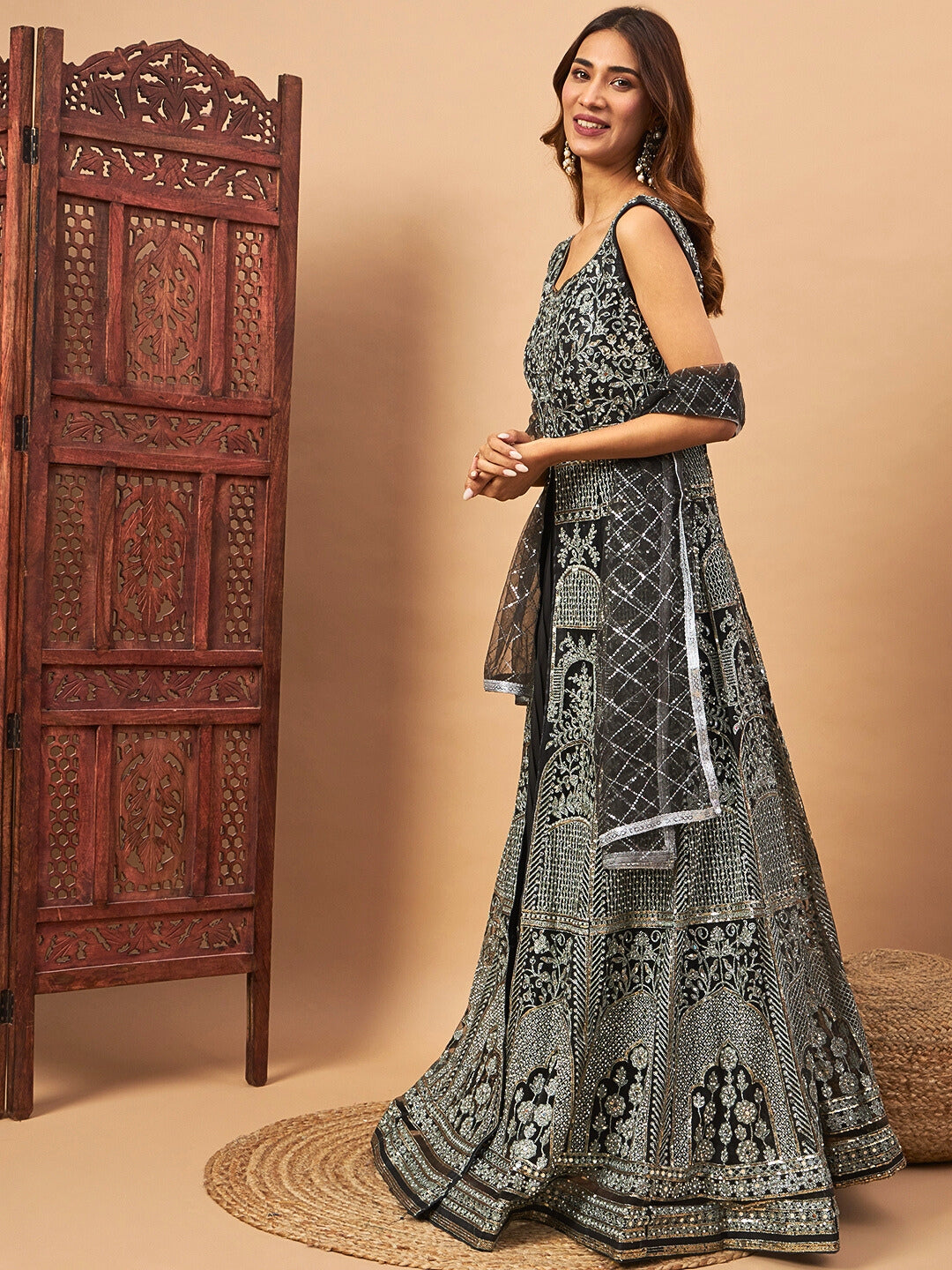 Long Front Slit Choli With Mirror Zari Embroidery, Pleated Lehenga & Net Dupatta