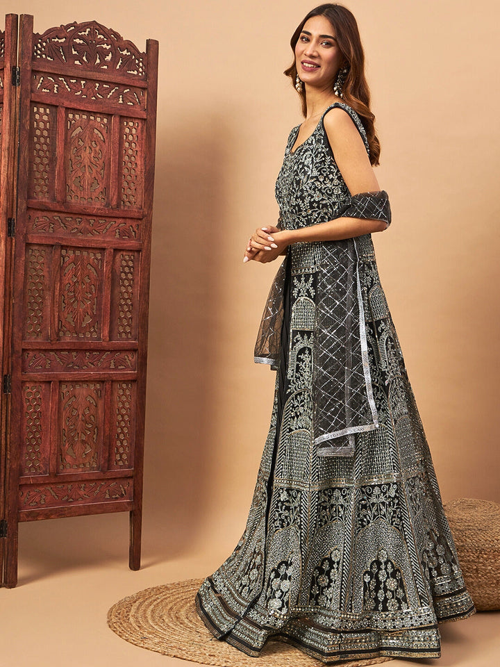 Long Front Slit Choli With Mirror Zari Embroidery, Pleated Lehenga & Net Dupatta