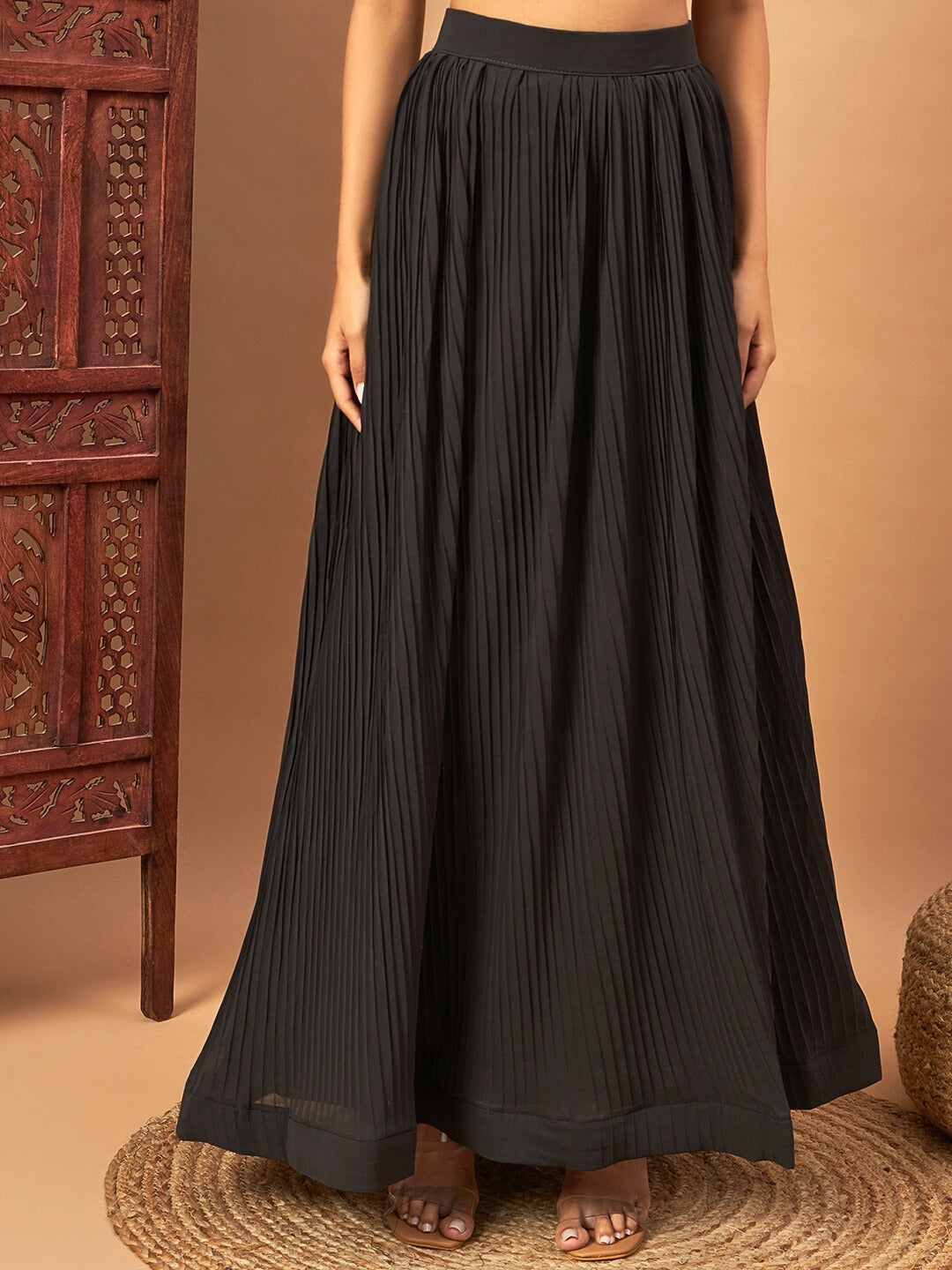 Long Front Slit Choli With Mirror Zari Embroidery, Pleated Lehenga & Net Dupatta