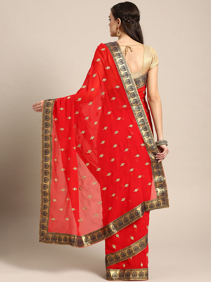 Georgette Embroidered Saree with Brocade Border and Crystal Work