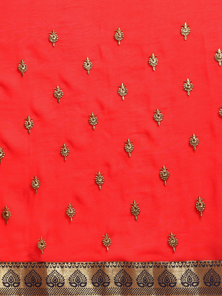 Georgette Embroidered Saree with Brocade Border and Crystal Work