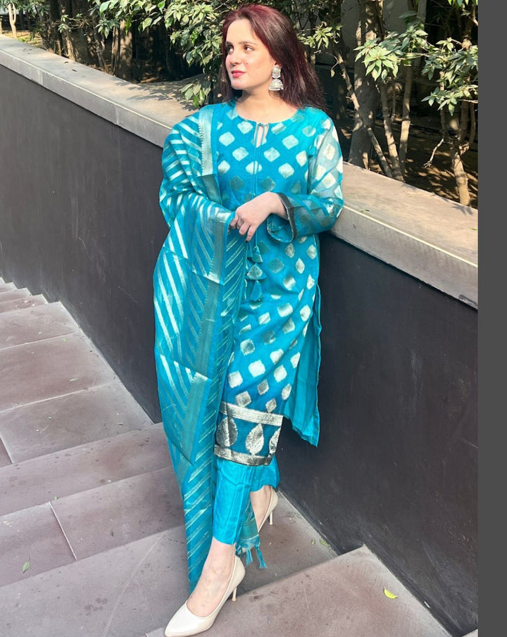 Turquoise Blue Embellished Dress Material with Organza Woven Dupatta