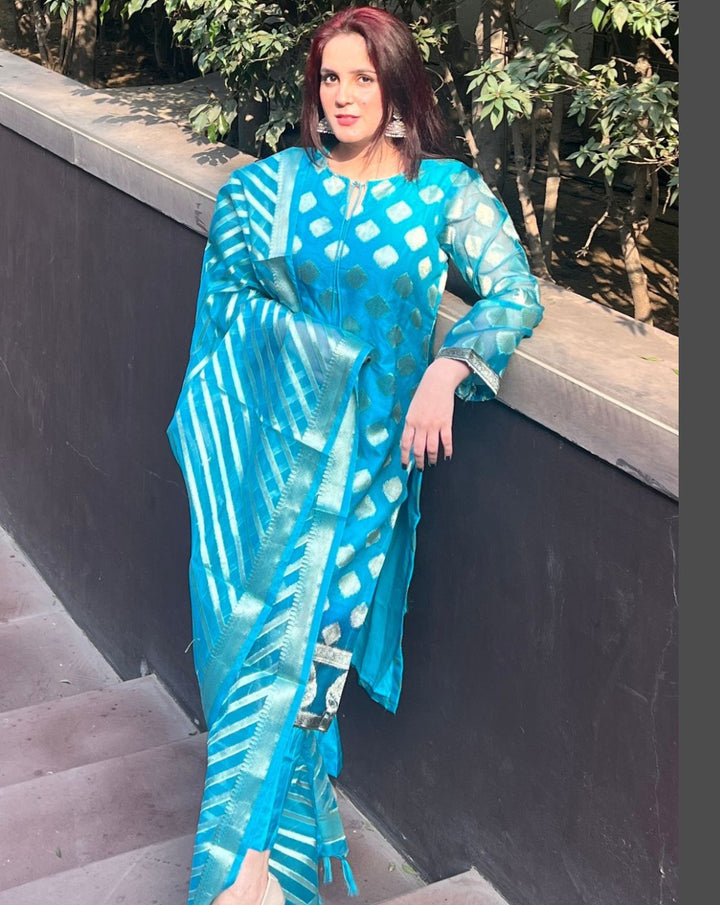 Turquoise Blue Embellished Dress Material with Organza Woven Dupatta