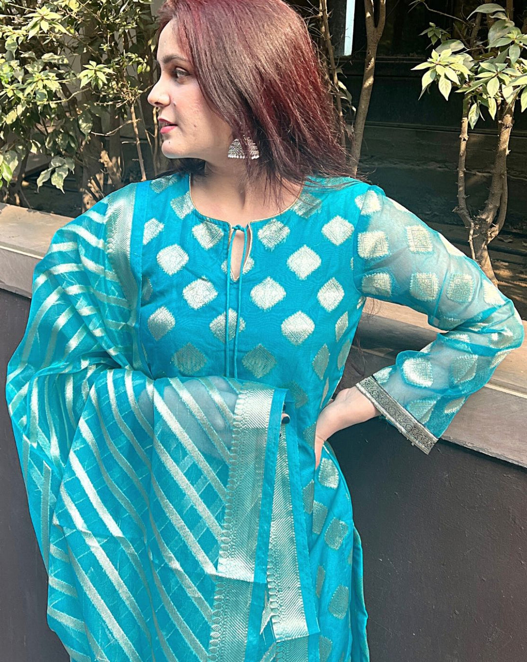 Turquoise Blue Embellished Dress Material with Organza Woven Dupatta