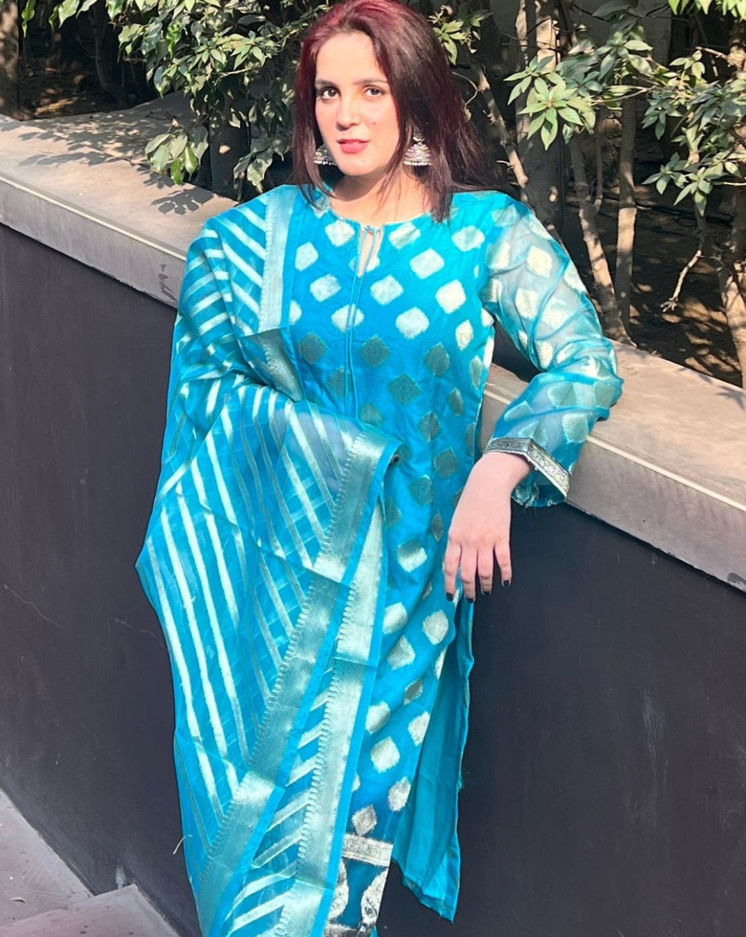 Turquoise Blue Embellished Dress Material with Organza Woven Dupatta