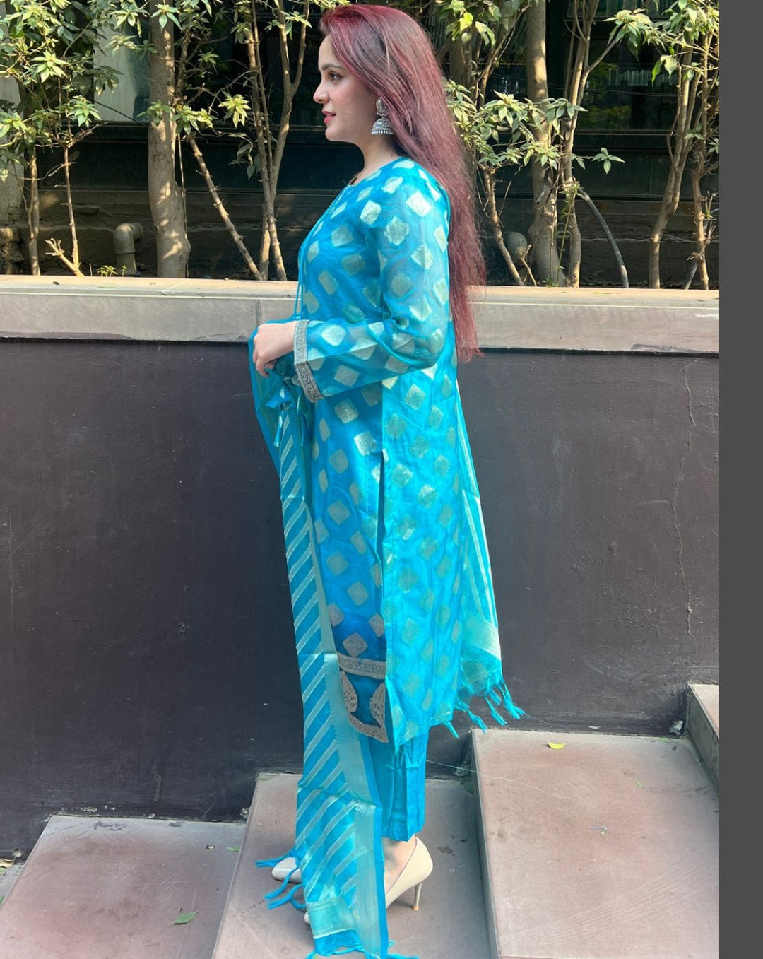 Turquoise Blue Embellished Dress Material with Organza Woven Dupatta