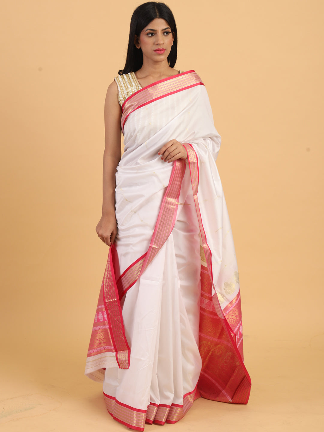 White & Pink Handloom Traditional NarayanPet Silk  Saree