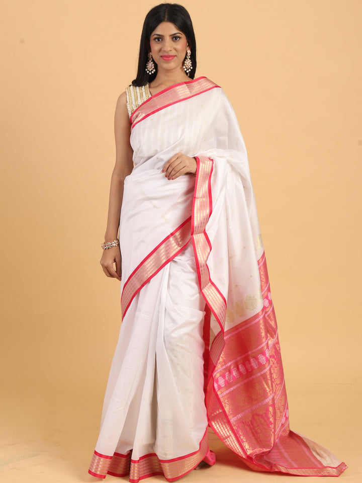 White & Pink Handloom Traditional NarayanPet Silk  Saree