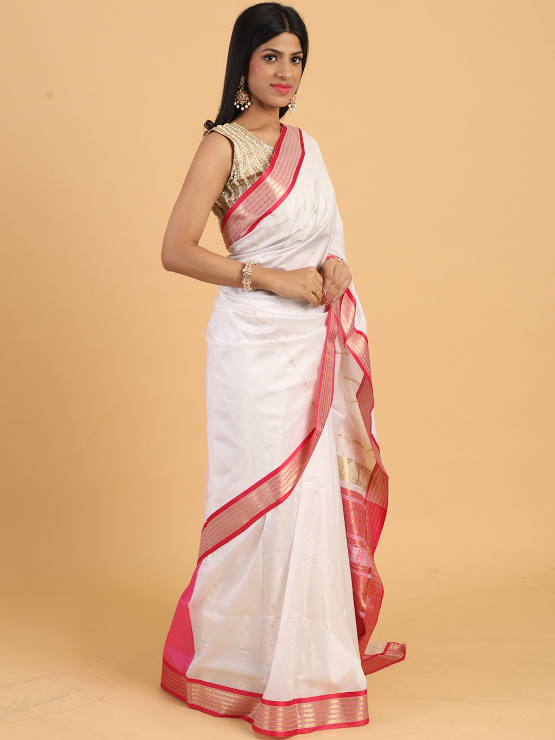 White & Pink Handloom Traditional NarayanPet Silk  Saree