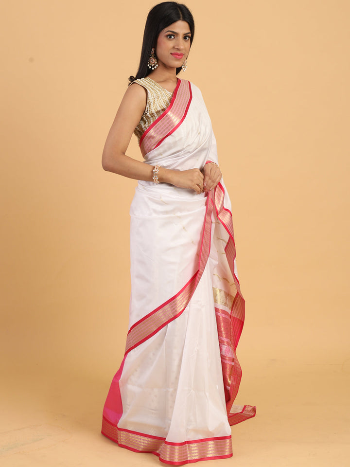 White & Pink Handloom Traditional NarayanPet Silk  Saree