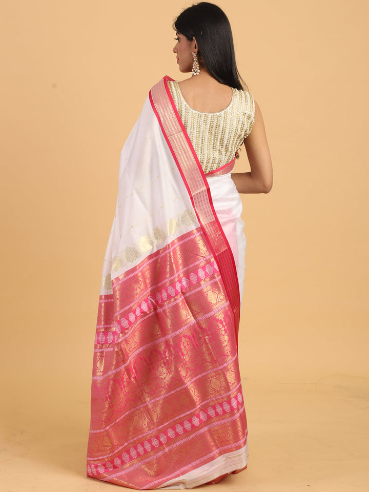 White & Pink Handloom Traditional NarayanPet Silk  Saree