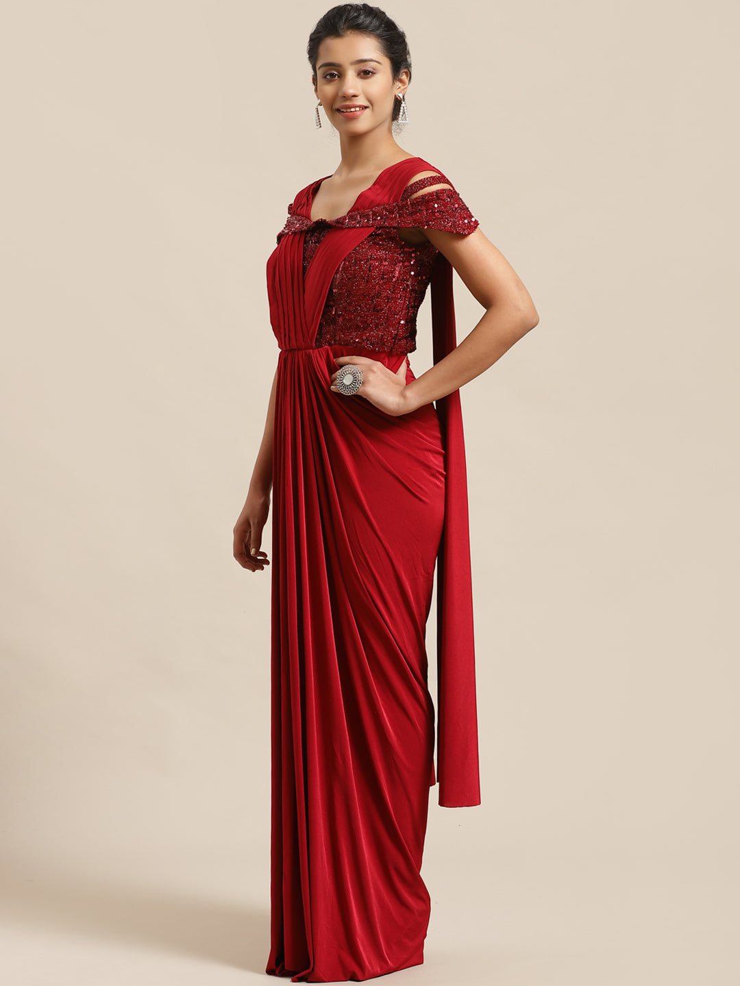 Ruffled Romance Pre-Stitched Saree Gown with Dhoti-style Drapes & Sequin Bling