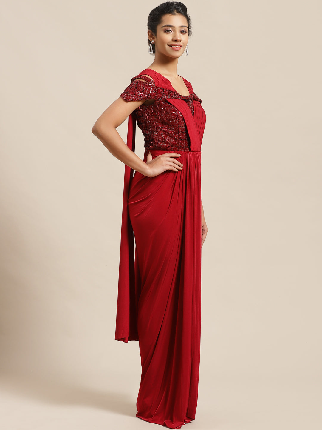 Ruffled Romance Pre-Stitched Saree Gown with Dhoti-style Drapes & Sequin Bling