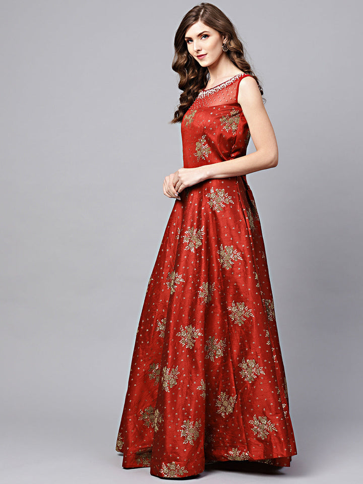 Anarkali Kurta Set with Pearl Embellishments and Foil Print