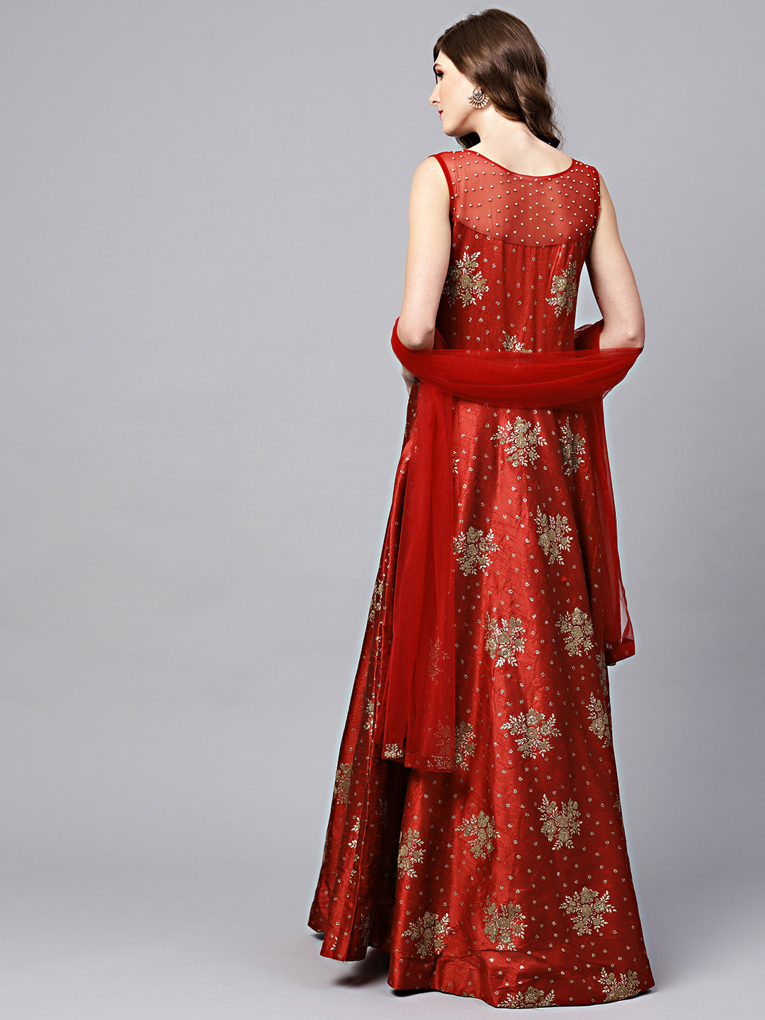 Anarkali Kurta Set with Pearl Embellishments and Foil Print