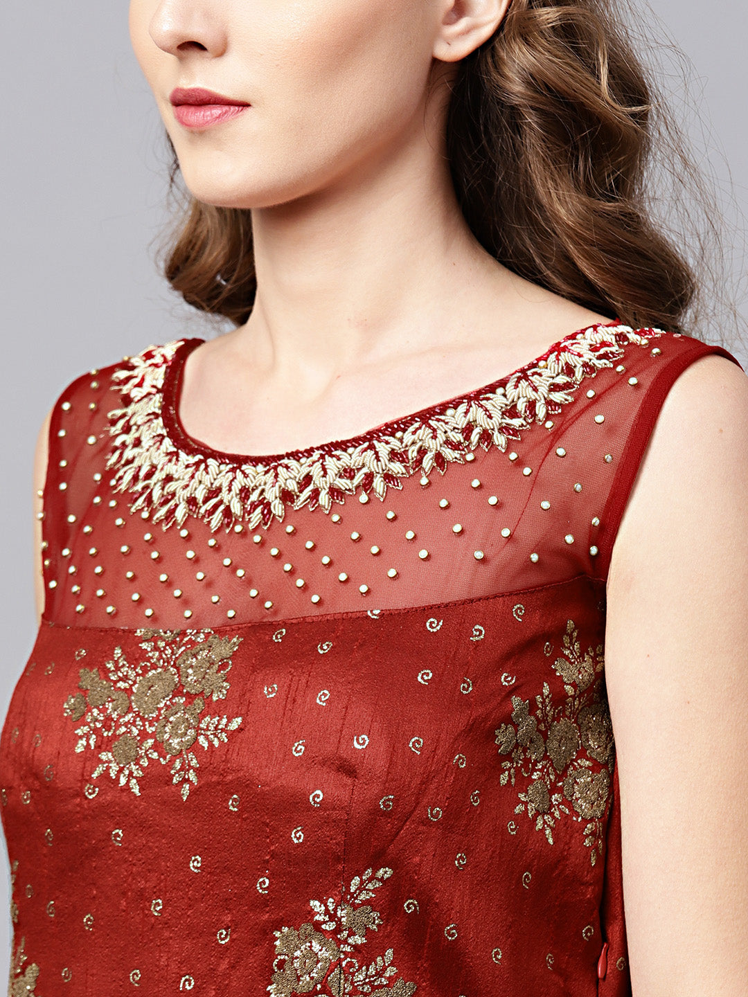 Anarkali Kurta Set with Pearl Embellishments and Foil Print