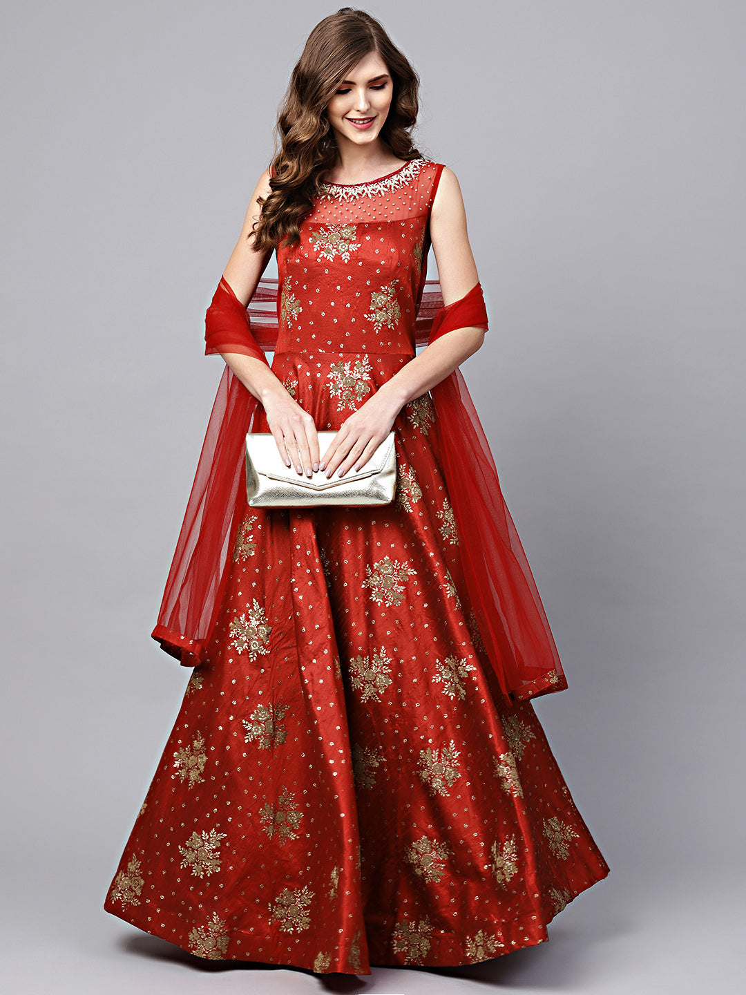 Anarkali Kurta Set with Pearl Embellishments and Foil Print