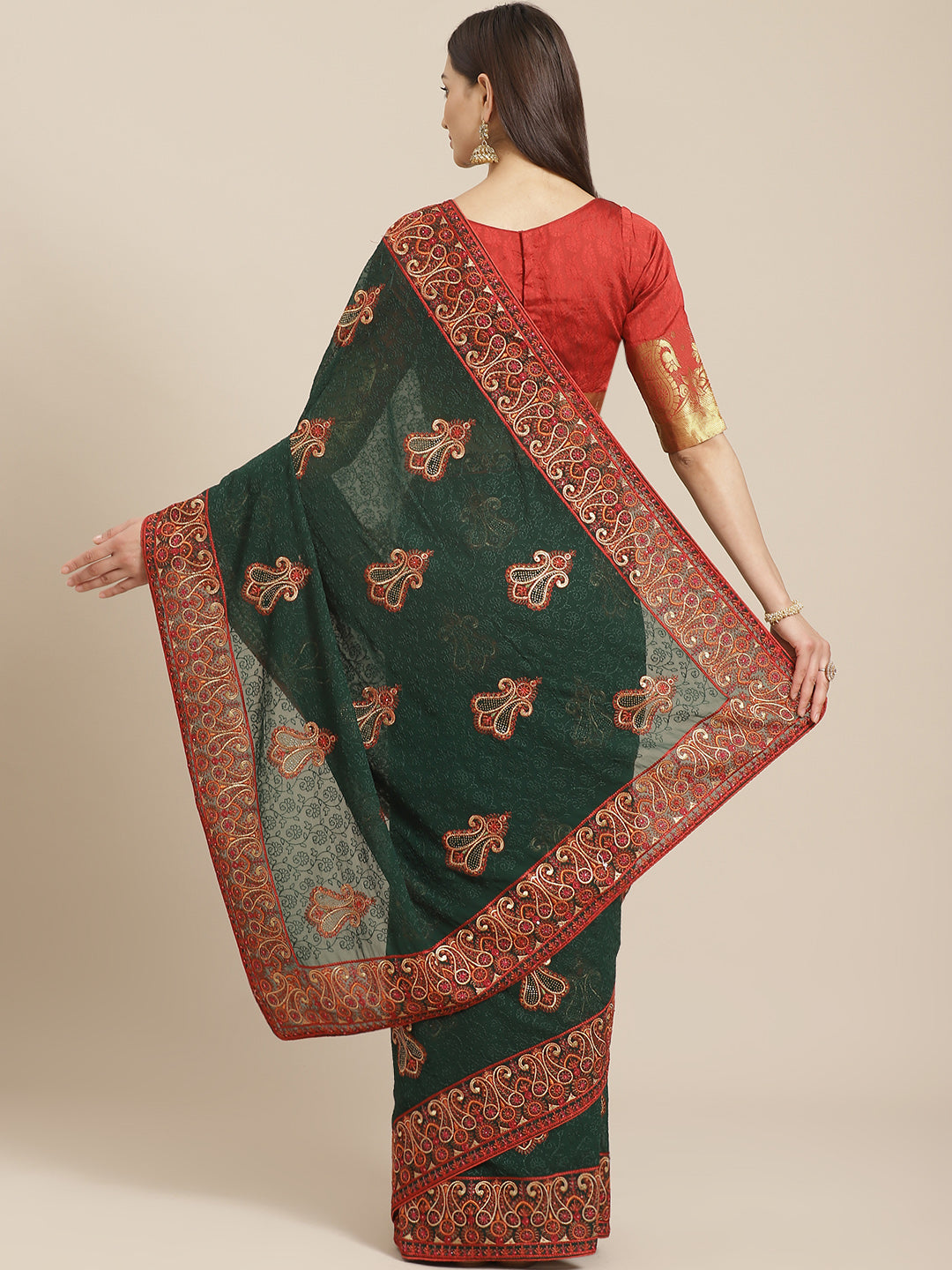 Green Georgette Resham Embroidered Saree With Gold Intricate Paisley Motifs & Swarovski Crystals