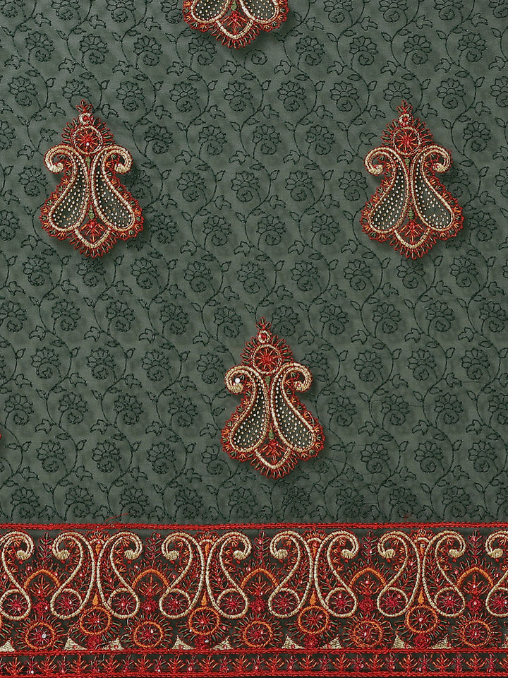 Green Georgette Resham Embroidered Saree With Gold Intricate Paisley Motifs & Swarovski Crystals