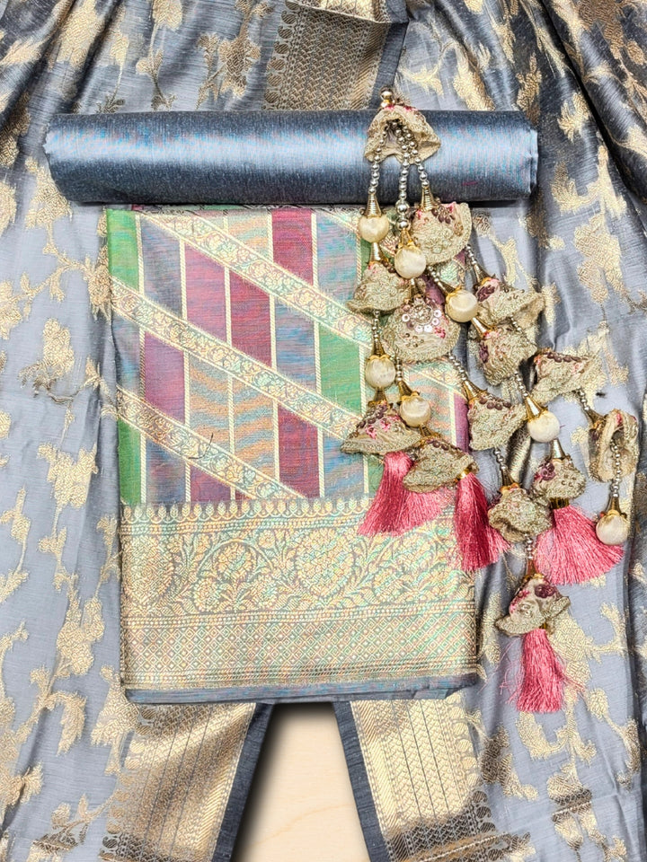 Chhabra 555 Meeanakari Weaving Banarasi Handloom Dress Material with Checked Leheriya pattern