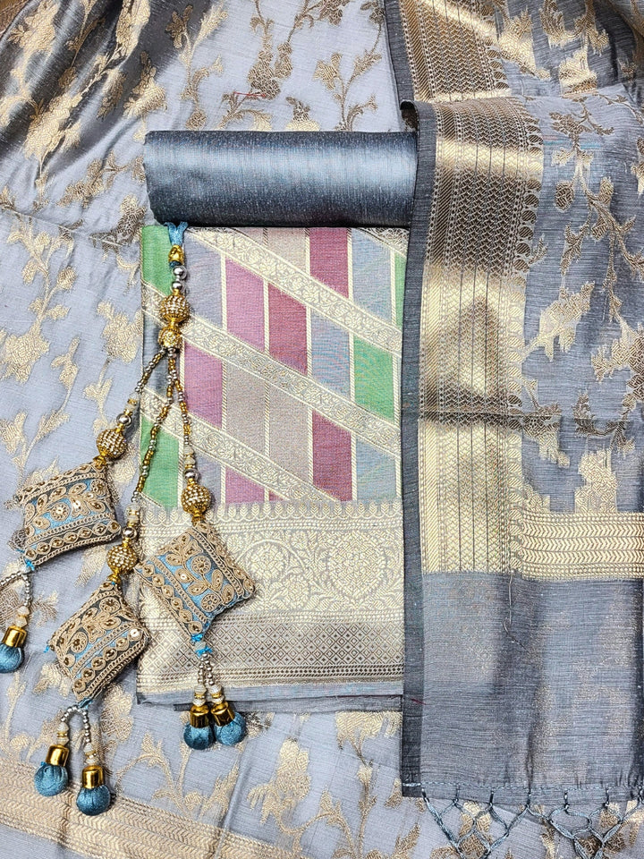 Meeanakari Weaving Banarasi Handloom Dress Material with Checked Leheriya pattern