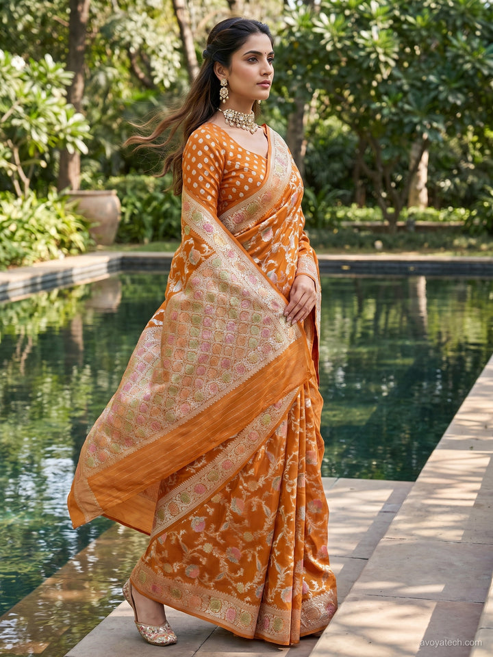 Orange Banarasi Silk Saree with Multicolor Floral Meenakari Weave and Blouse Piece