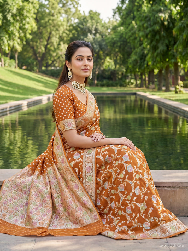 Orange Banarasi Silk Saree with Multicolor Floral Meenakari Weave and Blouse Piece