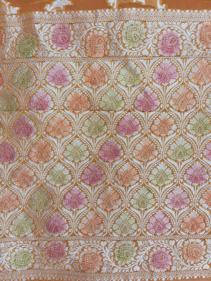 Orange Banarasi Silk Saree with Multicolor Floral Meenakari Weave and Blouse Piece