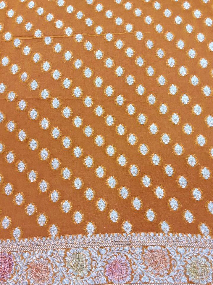Orange Banarasi Silk Saree with Multicolor Floral Meenakari Weave and Blouse Piece