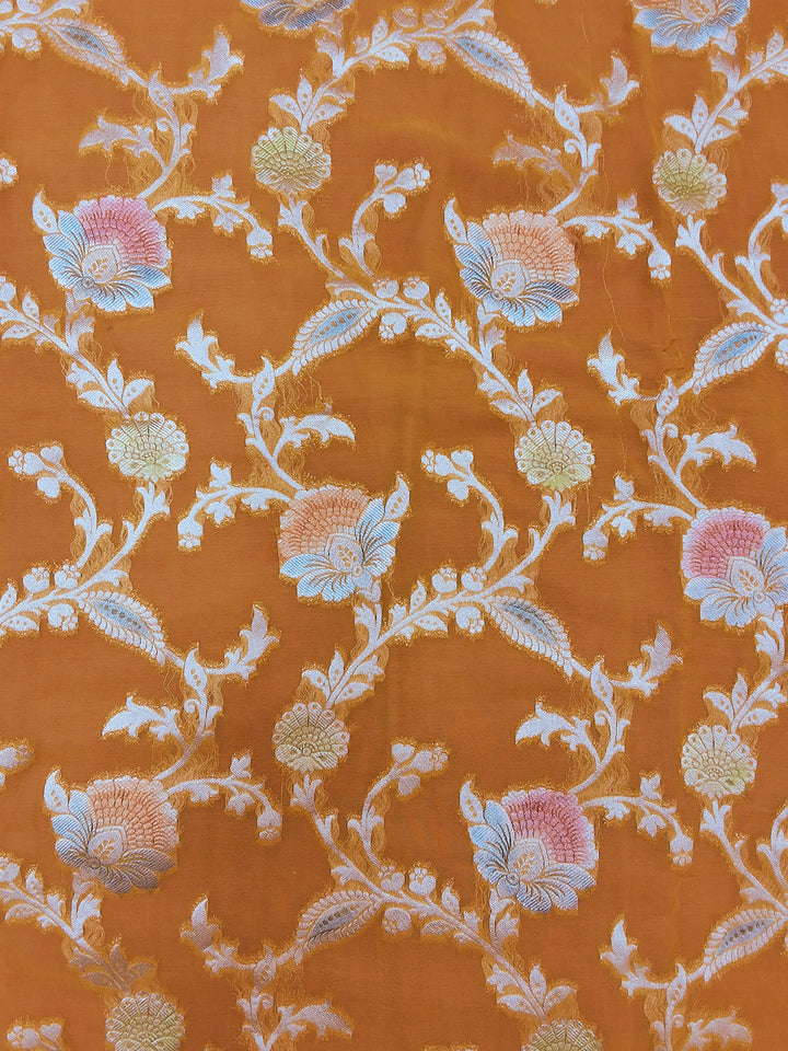 Orange Banarasi Silk Saree with Multicolor Floral Meenakari Weave and Blouse Piece