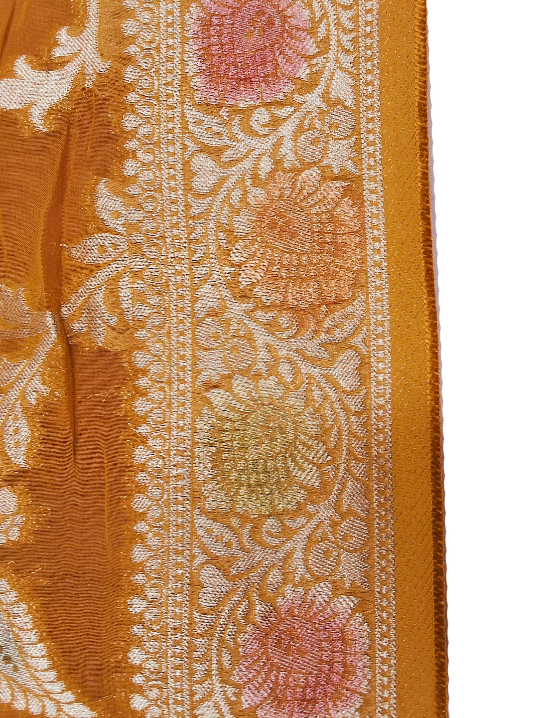Orange Banarasi Silk Saree with Multicolor Floral Meenakari Weave and Blouse Piece