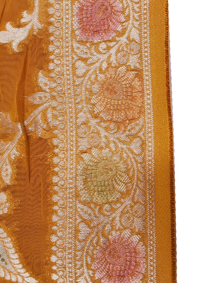 Orange Banarasi Silk Saree with Multicolor Floral Meenakari Weave and Blouse Piece