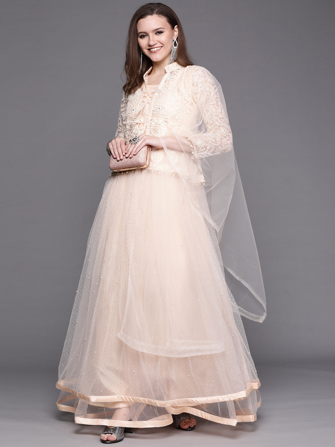 Glitter Embellished Chikankari Jacket Flared Gown