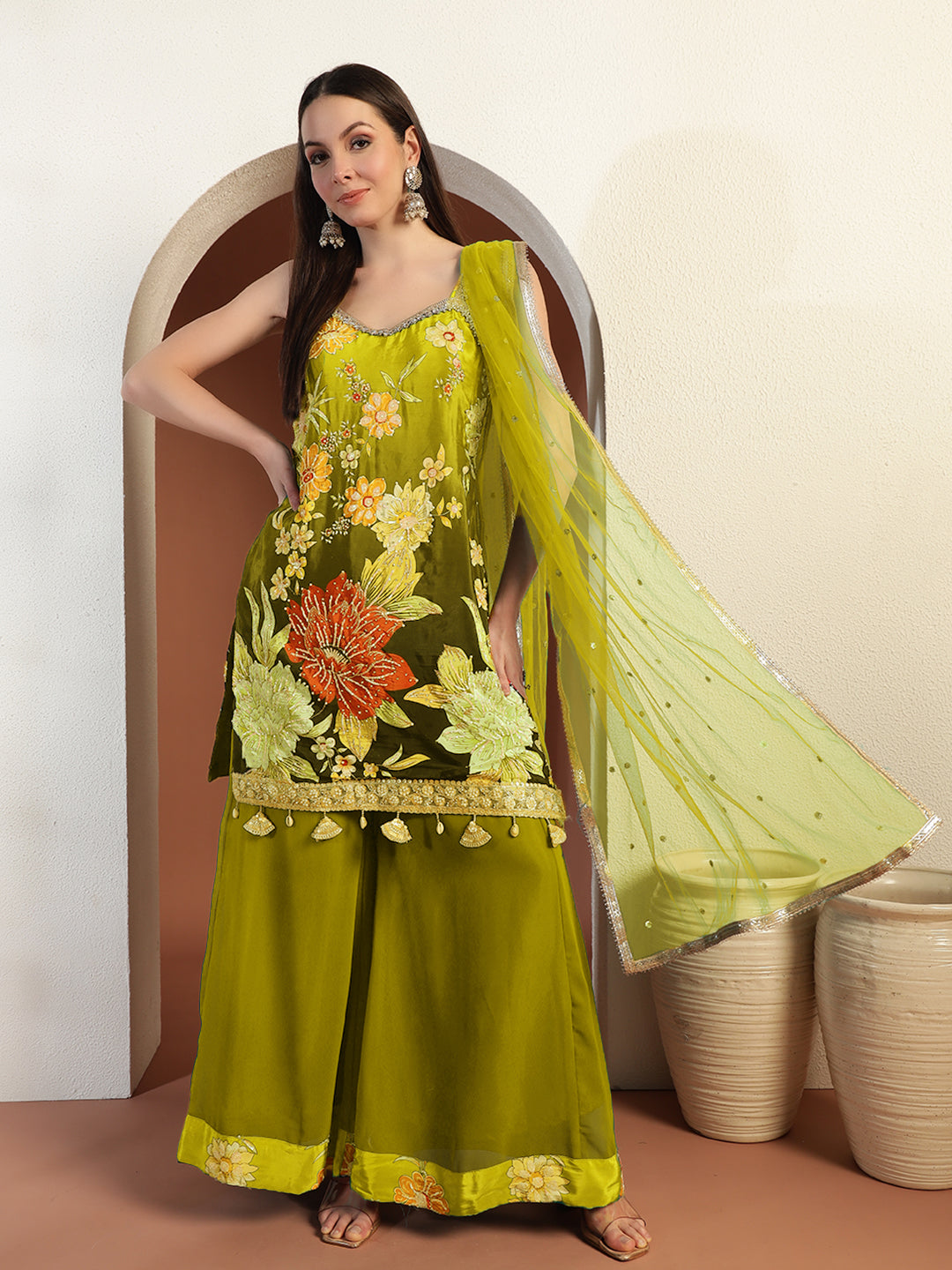 Chhabra 555 Digital Ombre Floral Print Kurta Set with Tasseled Hemline and Pearl Embellishments