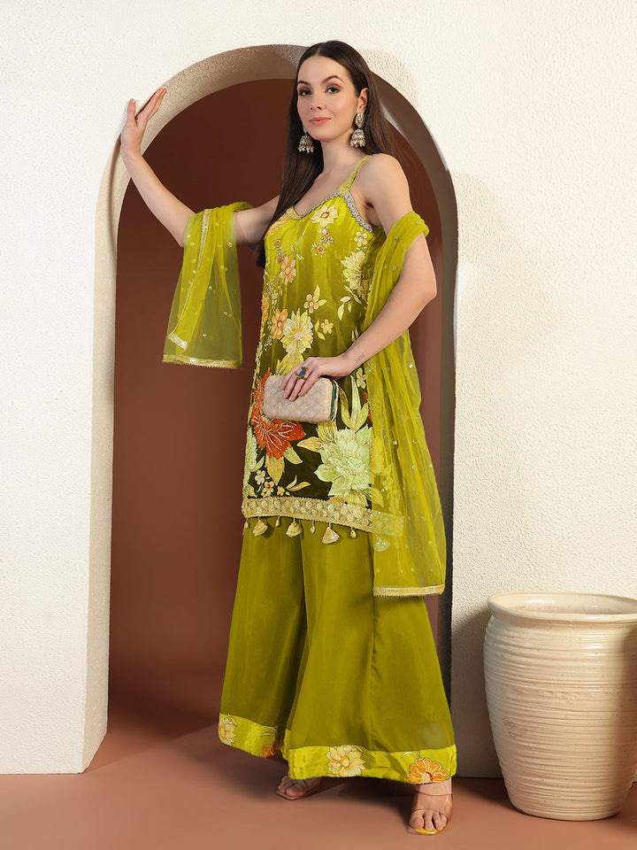 Digital Ombre Floral Print Kurta Set with Tasseled Hemline and Pearl Embellishments