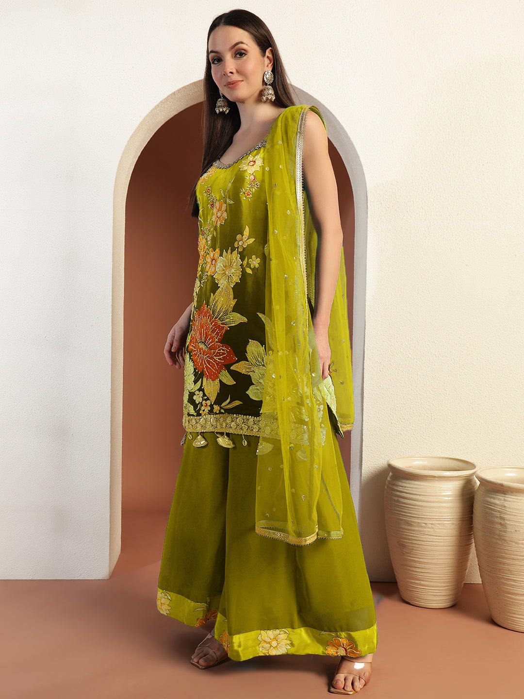 Digital Ombre Floral Print Kurta Set with Tasseled Hemline and Pearl Embellishments