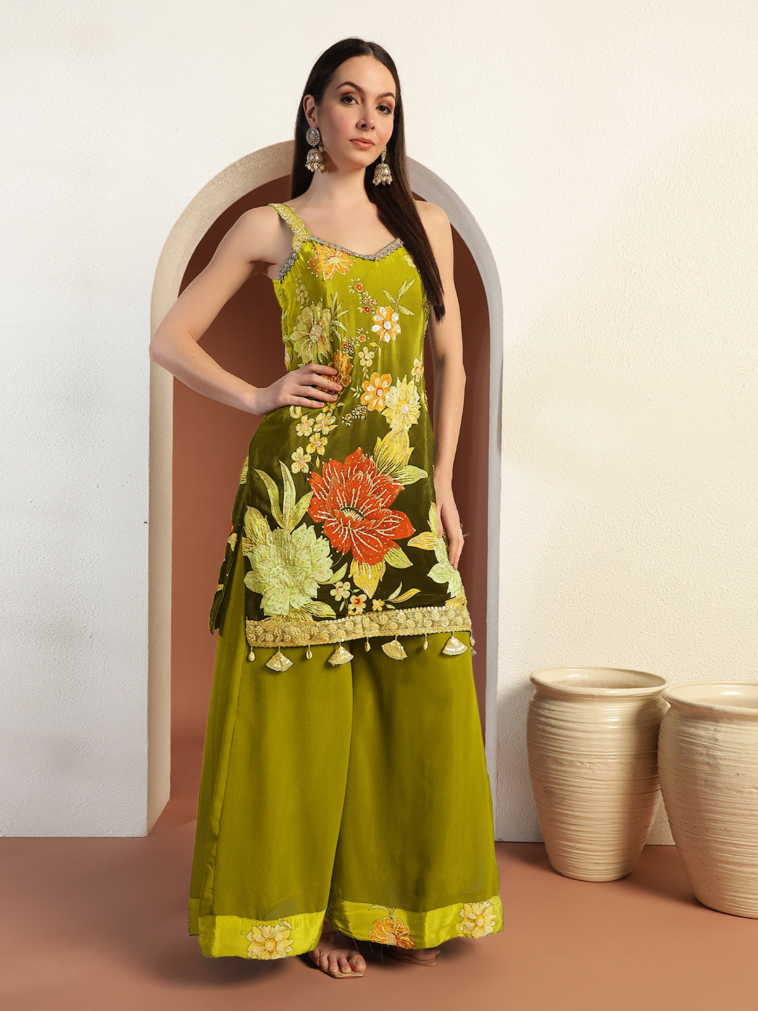 Digital Ombre Floral Print Kurta Set with Tasseled Hemline and Pearl Embellishments