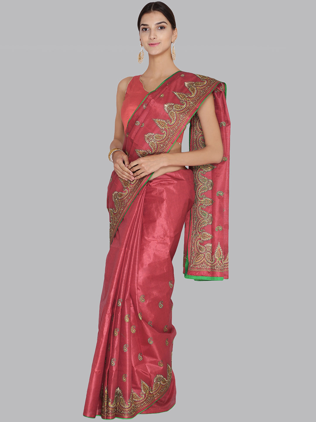 Bright Red Tussar Silk Saree with Resham Embroidery