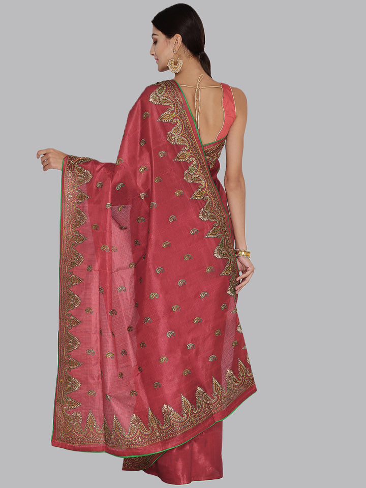 Bright Red Tussar Silk Saree with Resham Embroidery