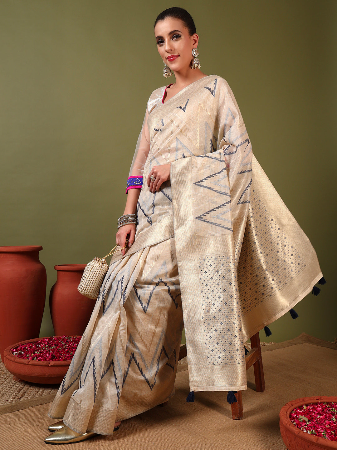 Ageless Traditional Banarasi Chanderi Jute Cotton Saree with Meenakari Resham Weaving