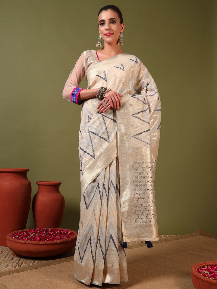 Ageless Traditional Banarasi Chanderi Jute Cotton Saree with Meenakari Resham Weaving