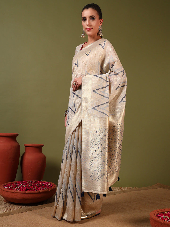 Ageless Traditional Banarasi Chanderi Jute Cotton Saree with Meenakari Resham Weaving