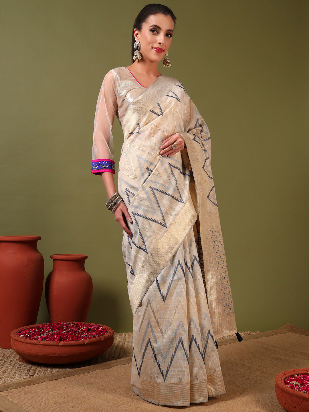 Ageless Traditional Banarasi Chanderi Jute Cotton Saree with Meenakari Resham Weaving